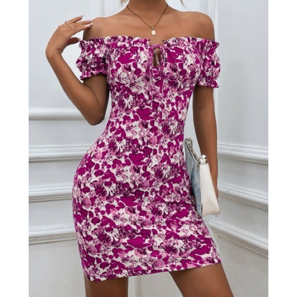 Boho green Floral Print Off Shoulder Bodycon Dress - Picture 9 of 16